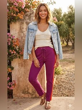 Anthropologie Magenta Track Pants with Red-Orange Side Stripe